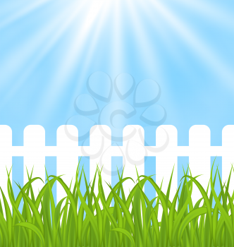 Illustration fresh green grass over wood fence background  - vector