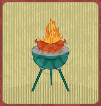 Illustration barbecue card with sausage and flame - vector