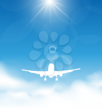 Illustration blue sky and clouds with flying airplane - vector