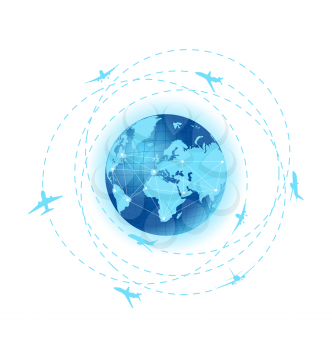 Illustration airplane lines with planet Earth - vector