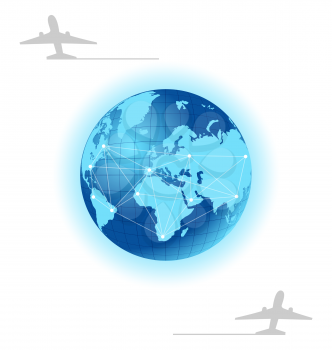 Illustration planet with label plane for design travel brochure - vector