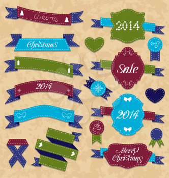 Illustration Christmas set geometric labels and ribbons - vector