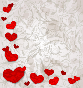 Illustration set crumpled paper hearts on grunge floral background - vector