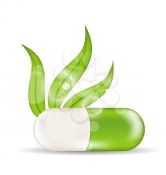 Illustration natural medical pill with green leaves - vector