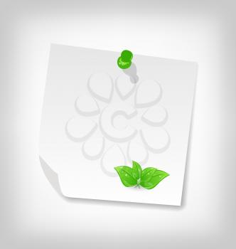 Illustration blank note paper with green leaves, isolated on white background - vector