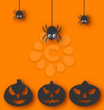 Illustration Halloween background with hanging spiders and pumpkins - vector