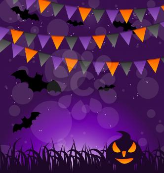 Illustration Halloween background with pumpkins and hanging flags - vector