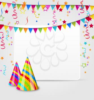 Illustration celebration card with party hats, confetti and hanging flags - vector