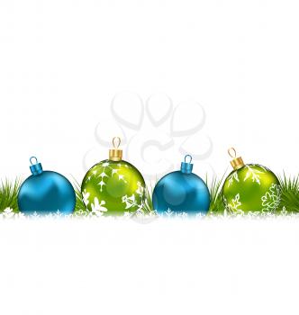 Illustration winter greeting postcard with colorful glass balls - vector
