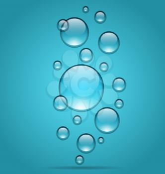 Illustration transparent water droplets on blue background - vector