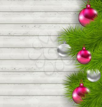 Illustration Christmas composition with glass hanging balls and fir twigs - vector
