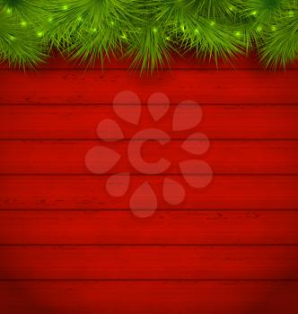 Illustration Christmas wooden background with fir twigs - vector