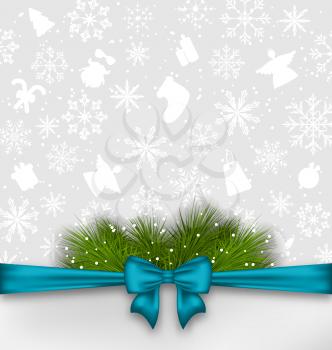 Illustration Christmas background with bow ribbon and fir twigs - vector
