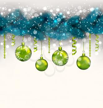 Illustration traditional decoration with fir branches and glass balls for Merry Christmas - vector
