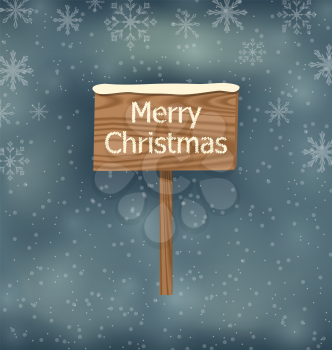 Illustration snow covered wooden sign, Merry Christmas background - vector