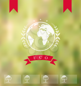 Illustration blurred background with eco badge, ecology label - vector