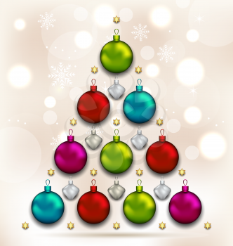 Illustration Christmas tree made of baubles, glowing background - vector