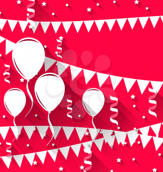 Illustration happy birthday background with balloons and hanging pennants, trendy flat style - vector