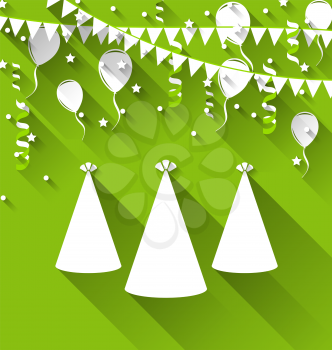 Illustration holiday background with party hats, balloons, confetti, and hanging flags - vector
