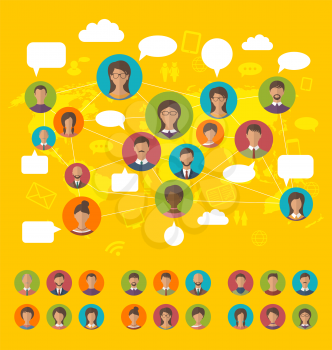 Illustration social network concept on world map with people icons avatars, flat design - vector 