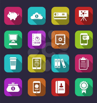 Illustration colorful business and office objects, flat icons with long shadows - vector