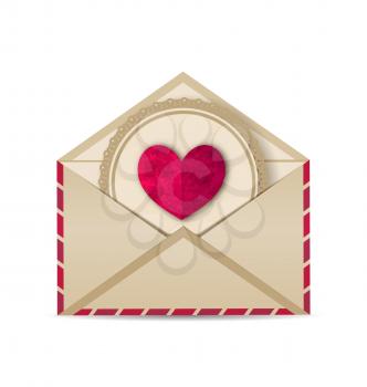 Illustration paper grunge heart in open old envelope - vector 