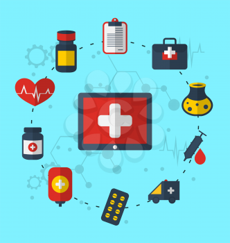 Illustration tablet pc with medical icons for web design, modern flat style - vector 