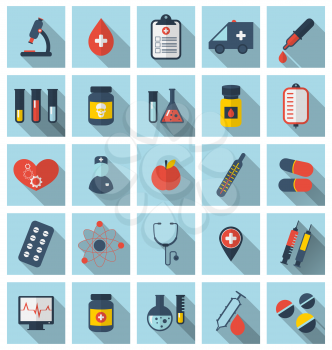 Illustration collection trendy flat medical icons with long shadows - vector