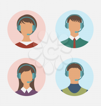 Illustration icons of call center operator  with  man and woman are featureless wearing headsets, in round web buttons - vector