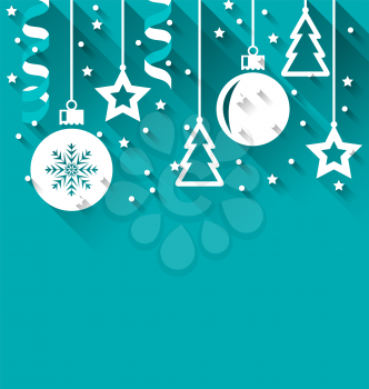Illustration Xmas background with fir, balls, stars, streamer, trendy flat style - vector
