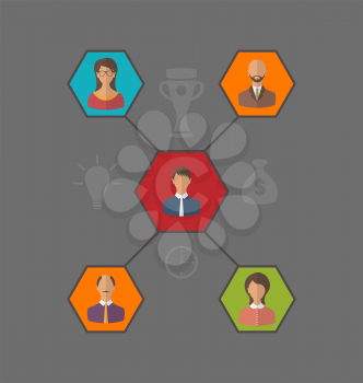 Illustration concept of leadership and team business people. Flat style icon - vector