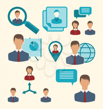 Illustration flat icons of business people showing presentation online meetings discussion teamwork analysis and graphs - vector