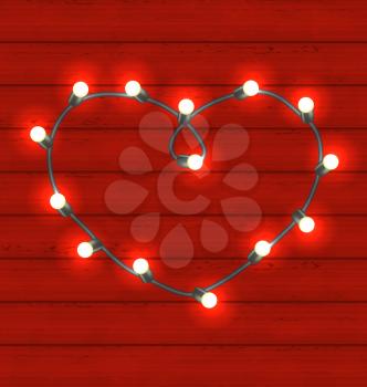 Illustration garland heart shaped on red wooden background for Valentines Day - vector