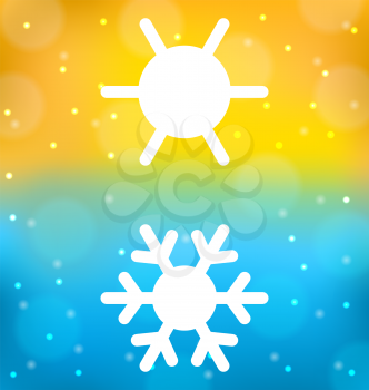 Illustration abstract background with logo of symbol climate balance - sun and snowflake - vector