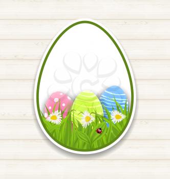 Illustration Easter paper sticker eggs with green grass and flowers - vector