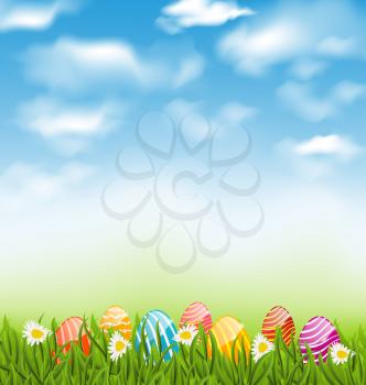 Illustration Easter natural landscape with traditional painted eggs in grass meadow, blue sky and clouds - vector