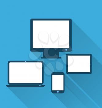 Illustration monitor, laptop, tablet computer, and mobile phone, flat icons with long shadows - vector