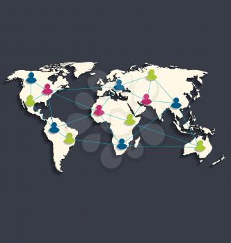 Illustration social connection on world map with people icons, flat style design with long shadow - vector 