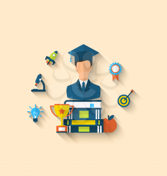 Illustration flat icons of magister and objects for high school and college, education icons, long shadow style design - vector