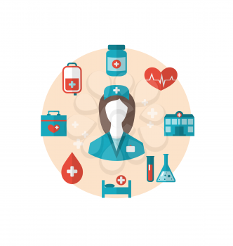 Illustration nurse with medical icons for web design, modern flat style - vector