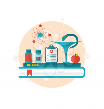 Illustration set flat icons of objects medicine laboratory, concept of healthcare system - vector