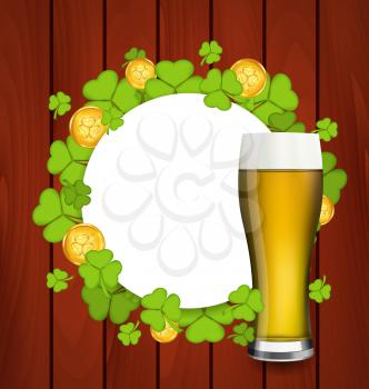 Illustration greeting card with glass of light beer, shamrocks and golden coins for St. Patrick's Day - vector