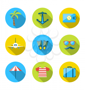 Illustration set flat icons of traveling, tourism and journey objects, modern long shadow style - vector