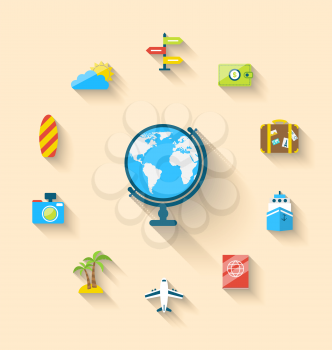 Illustration flat set icons of globe and journey vacation, simple style with long shadow - vector