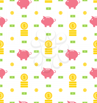 Illustration Seamless Pattern with Moneybox, Bank Notes, Coins, Flat Finance Icons - Vector