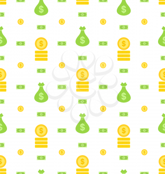 Illustration Seamless Pattern with Money Bag, Bank Notes, Coins, Flat Finance Icons - Vector