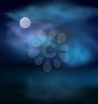Moon and clouds above the sea on the background of dark stormy skies - vector