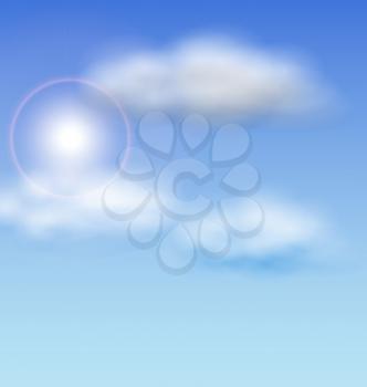 Illustration Blue Sky with Sunlight and Fluffy Clouds - vector