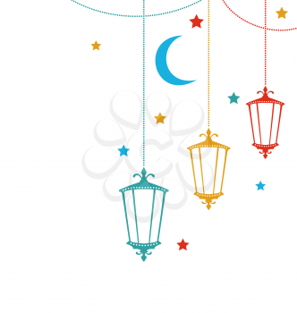 Illustration Celebration Cute Card for Ramadan Kareem with Arabian Lamps - Vector