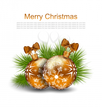 Illustration Christmas Card with Glass Balls and Fir Twigs on White Background - Vector
